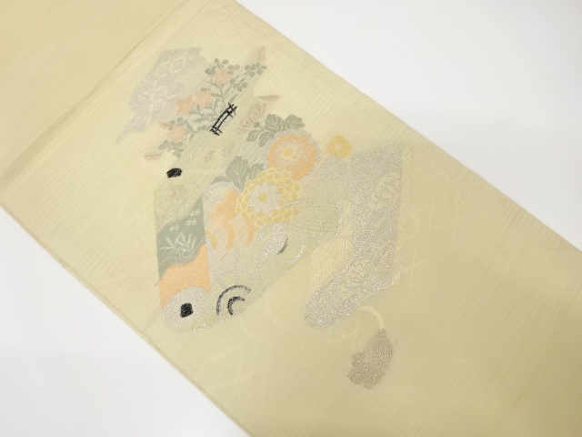 JAPANESE KIMONO / ANTIQUE SUMMER MARU OBI / WOVEN SCROLL & FLOWER